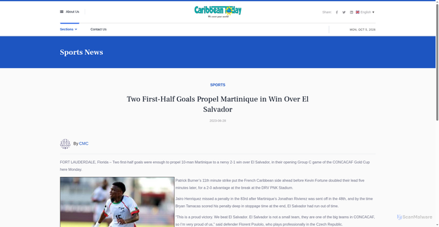 Security scan screenshot of https://mail.caribbeantoday.com/sections/sports/two-first-half-goals-propel-martinique-in-win-over-el-salvador