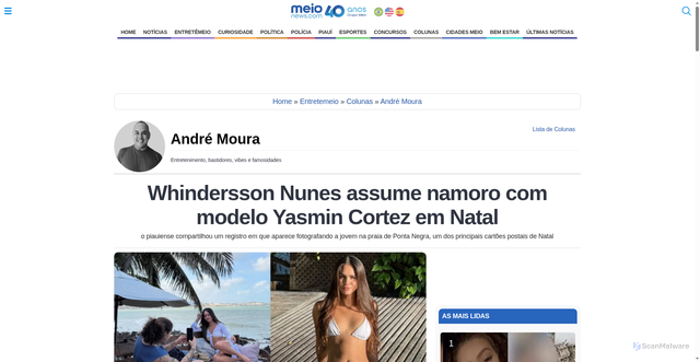 Security scan screenshot of https://www.meionews.com/entretemeio/colunas/andre-moura/whindersson-nunes-assume-namoro-com-modelo-yasmin-cortez-em-natal-373659