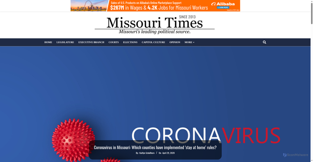 Security scan screenshot of https://themissouritimes.com/coronavirus-in-missouri-which-counties-have-implemented-stay-at-home-rules/