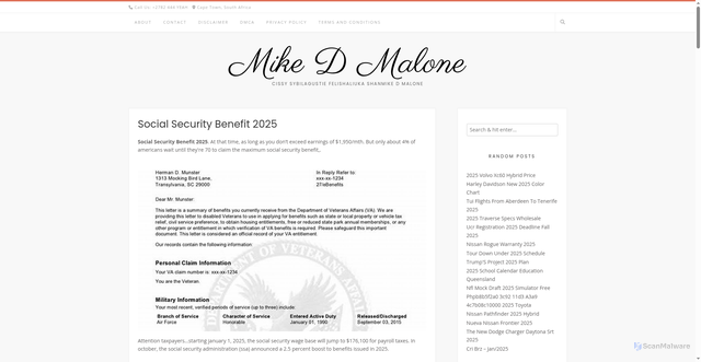 Security scan screenshot of https://mikedmaloner.pages.dev/oawht-social-security-benefit-2025-fqpau/