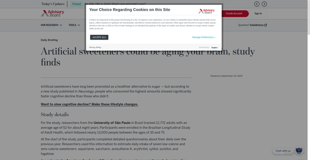 Security scan screenshot of https://www.advisory.com/daily-briefing/2025/09/10/artificial-sweetener