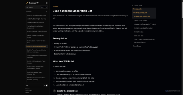 Security scan screenshot of https://docs.scamverify.ai/docs/tutorials/discord-bot