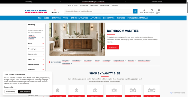 Security scan screenshot of https://www.ahliquidation.com/pages/bathroom-vanities