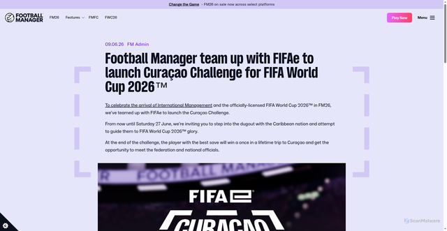 Security scan screenshot of https://www.footballmanager.com/news/football-manager-team-fifae-launch-curacao-challenge-fifa-world-cup-2026tm