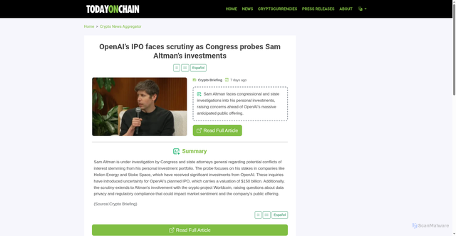 Security scan screenshot of https://www.todayonchain.com/news/article/01KRHCAV86S62YA904AAYW7X6V/