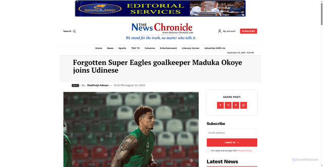 Security scan screenshot of https://thenews-chronicle.com/forgotten-super-eagles-goalkeeper-maduka-okoye-joins-udinese/