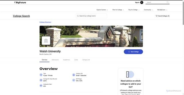 Security scan screenshot of https://bigfuture.collegeboard.org/colleges/walsh-university