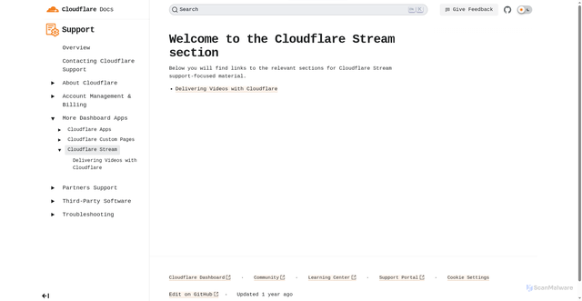 Security scan screenshot of https://cloudflare-docs-config.pages.dev/support/more-dashboard-apps/cloudflare-stream/