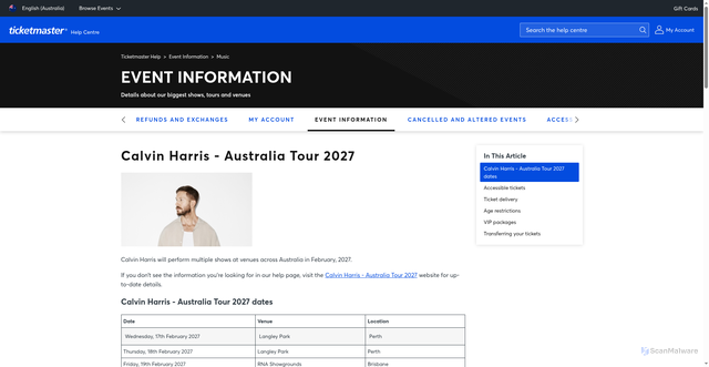 Security scan screenshot of https://help.ticketmaster.com.au/hc/en-au/articles/50885026632721-Calvin-Harris-Australia-Tour-2027