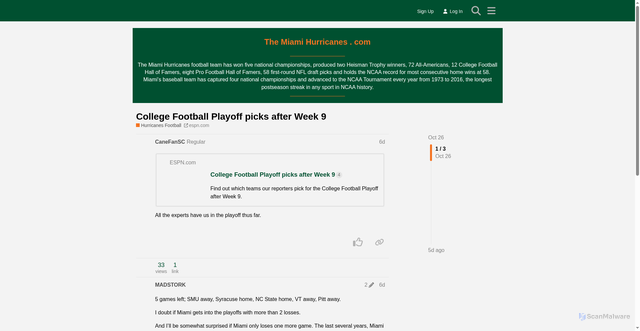 Security scan screenshot of https://forum.themiamihurricanes.com/t/college-football-playoff-picks-after-week-9/7372