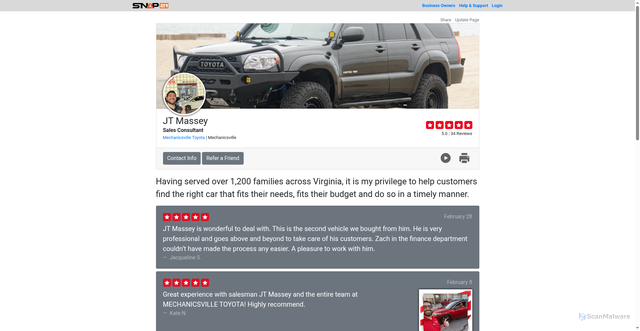 Security scan screenshot of https://snap21.com/reputation/18212/jt-massey