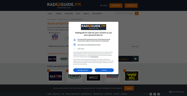 Security scan screenshot of https://www.radioguide.fm/internet-radio-usa-pennsylvania/wfan-sports-radio