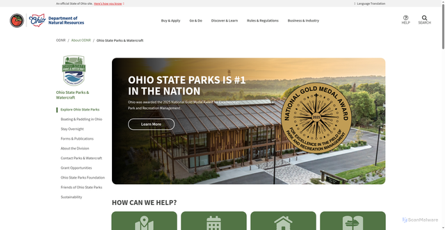 Security scan screenshot of https://ohiodnr.gov/discover-and-learn/safety-conservation/about-odnr/division-parks-watercraft