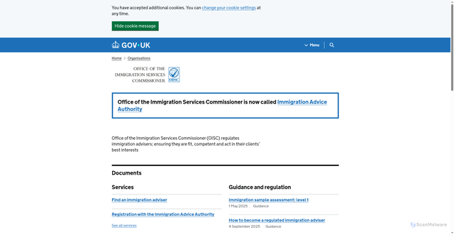 Security scan screenshot of https://www.gov.uk/government/organisations/office-of-the-immigration-services-commissioner