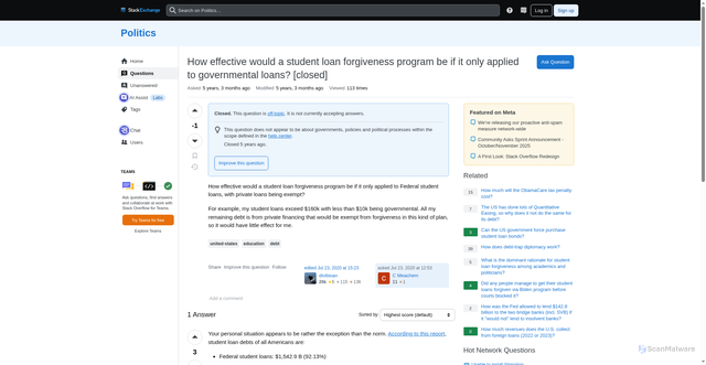 Security scan screenshot of https://politics.stackexchange.com/questions/54801/how-effective-would-a-student-loan-forgiveness-program-be-if-it-only-applied-to