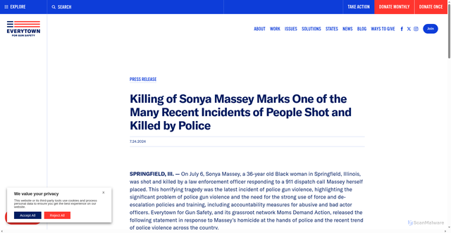 Security scan screenshot of https://www.everytown.org/press/killing-of-sonya-massey-marks-one-of-the-many-recent-incidents-of-people-shot-and-killed-by-police/