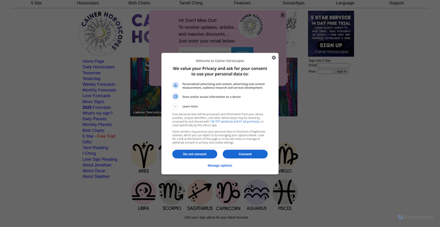 Security scan screenshot of https://www.cainer.com/daily-horoscope/