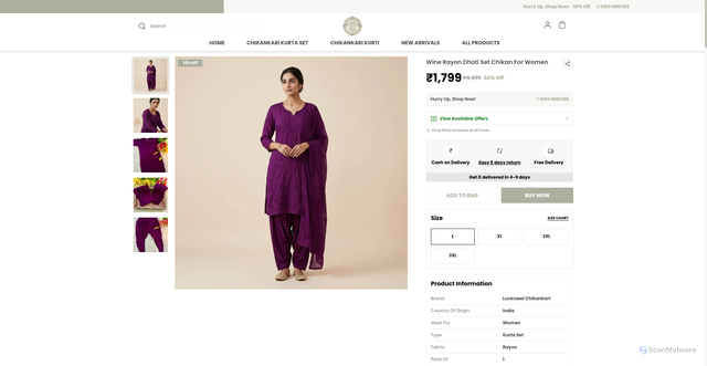 Security scan screenshot of https://pkzlucknawichikan.com/Wine-Rayon-Dhoti-Set-Chikan-For-Women/catalogue/6jc_SPTt/LnxSgeML