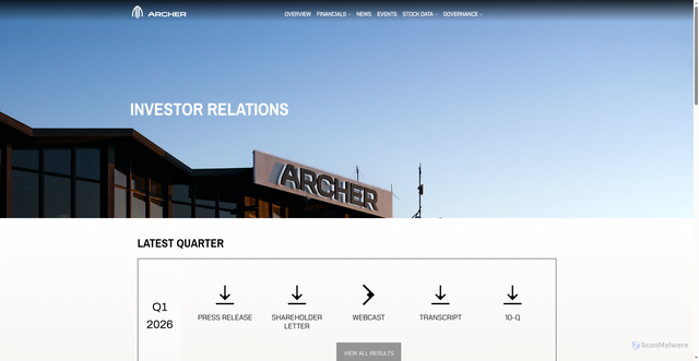 Security scan screenshot of https://investors.archer.com/