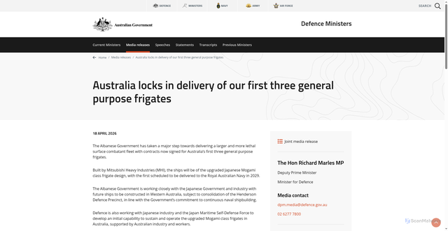 Security scan screenshot of https://www.minister.defence.gov.au/media-releases/2026-04-18/australia-locks-delivery-our-first-three-general-purpose-frigates