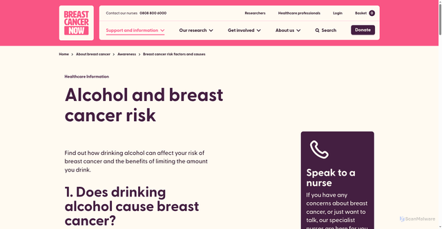 Security scan screenshot of https://breastcancernow.org/about-breast-cancer/awareness/breast-cancer-risk-factors-and-causes/alcohol-and-breast-cancer-risk