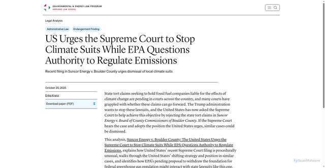 Security scan screenshot of https://eelp.law.harvard.edu/us-urges-the-supreme-court-to-stop-climate-suits-while-epa-questions-authority-to-regulate-emissions/