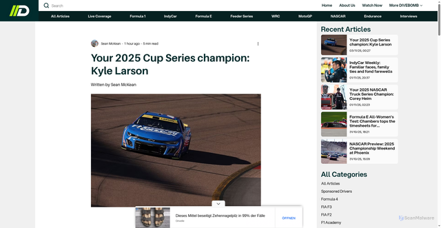 Security scan screenshot of https://www.dive-bomb.com/article/your-2025-cup-series-champion-kyle-larson