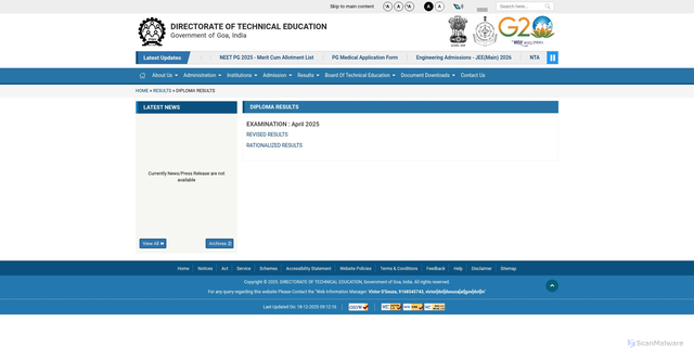 Security scan screenshot of https://dte.goa.gov.in/result/diploma