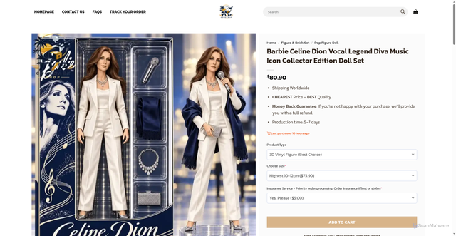 Security scan screenshot of https://tvpcomebackshop.com/product/barbie-celine-dion-vocal-legend-diva-music-icon-collector-edition-doll-set/