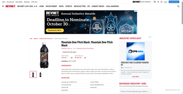 Security scan screenshot of https://www.bevnet.com/brands/mountain_dew_pitch_black/Mountain_Dew_Pitch_Black