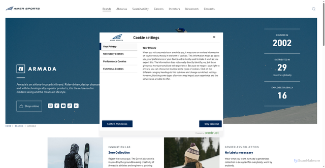 Security scan screenshot of https://www.amersports.com/brands/armada/