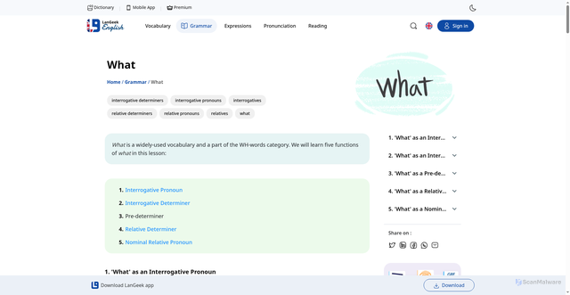 Security scan screenshot of https://langeek.co/en/grammar/course/437/what