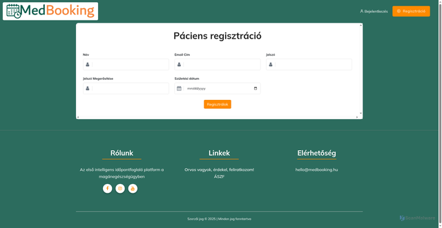 Security scan screenshot of https://dev.medbooking.hu/register/patient