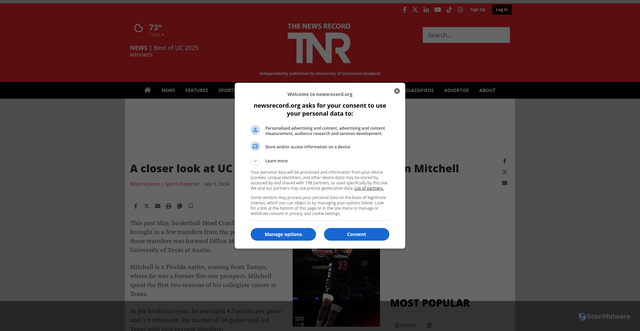 Security scan screenshot of https://www.newsrecord.org/arts_and_entertainment/a-closer-look-at-uc-mens-basketball-forward-dillon-mitchell/article_f2a17444-6b92-11ef-aee7-47f4f6a63053.html
