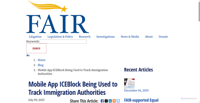 Security scan screenshot of https://www.fairus.org/blog/2025/07/09/mobile-app-iceblock-tracking-immigration-authorities
