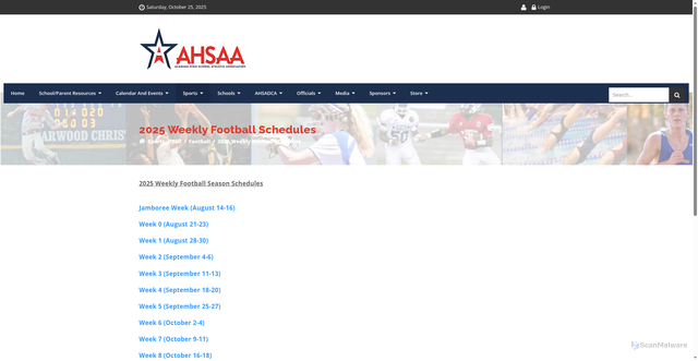 Security scan screenshot of https://www.ahsaa.com/Sports/Fall/Football/2025-Weekly-Football-Schedules