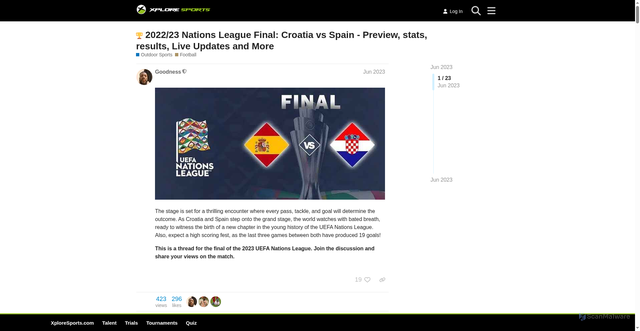 Security scan screenshot of https://forum.xploresports.com/t/2022-23-nations-league-final-croatia-vs-spain-preview-stats-results-live-updates-and-more/5600?page=2