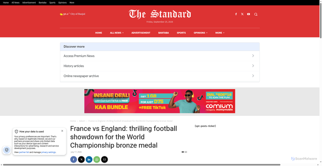 Security scan screenshot of https://standard.gm/france-vs-england-thrilling-football-showdown-for-the-world-championship-bronze-medal/