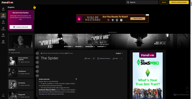 Security scan screenshot of https://spidernoir.fandom.com/wiki/The_Spider