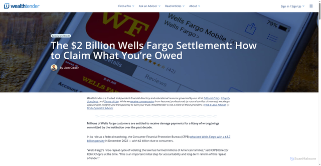 Security scan screenshot of https://wealthtender.com/insights/banking-credit/wells-fargo-settlement/