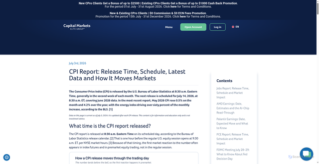 Security scan screenshot of https://www.cmelitegroup.com/knowledge-hub/cpi-report-release-time-schedule-latest-data-and-how-it-moves-markets/