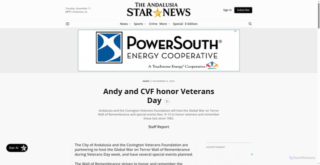 Security scan screenshot of https://www.andalusiastarnews.com/news/andy-and-cvf-honor-veterans-day-2925e461