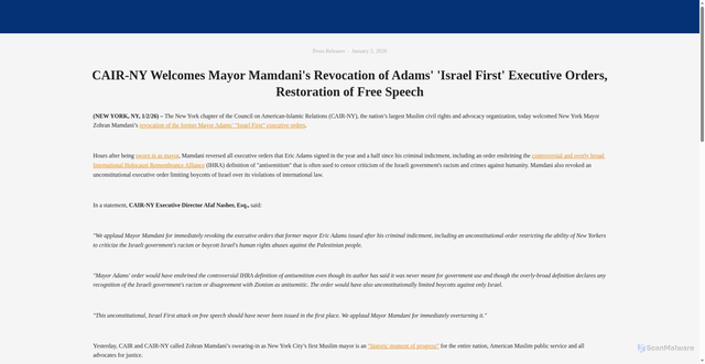 Security scan screenshot of https://www.cair-ny.org/news/1/2/26/cair-ny-welcomes-mayor-mamdanis-revocation-of-adams-israel-first-executive-orders-restoration-of-free-speech