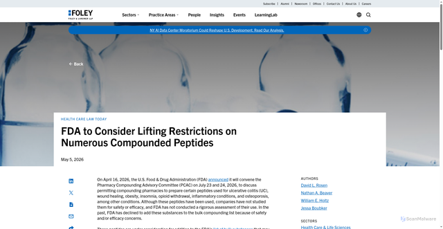 Security scan screenshot of https://www.foley.com/insights/publications/2026/05/fda-to-consider-lifting-restrictions-on-numerous-compounded-peptides/