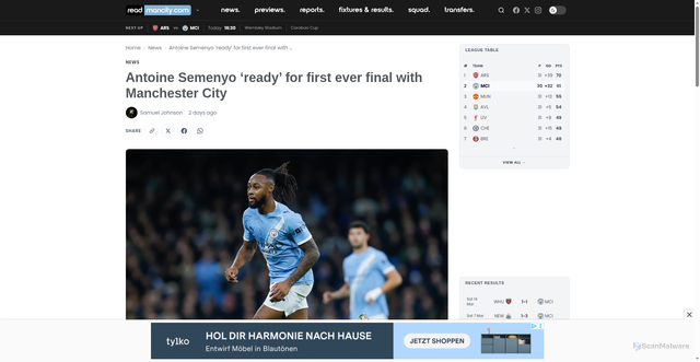 Security scan screenshot of https://readmancity.com/2026/03/20/antoine-semenyo-says-he-is-ready-for-first-ever-final-with-manchester-city/