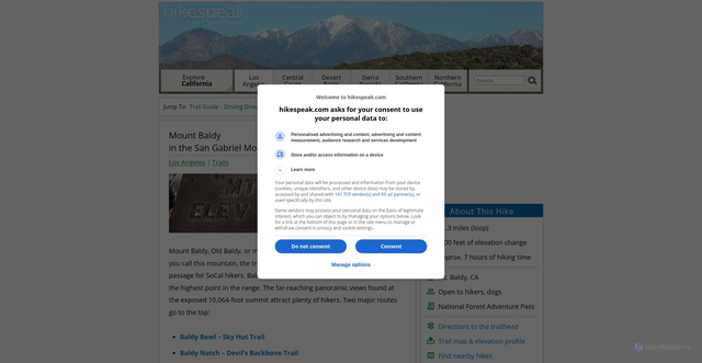Security scan screenshot of https://www.hikespeak.com/trails/mount-baldy/