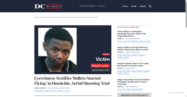 Security scan screenshot of https://dcwitness.org/eyewitness-testifies-bullets-started-flying-in-homicide-serial-shooting-trial/