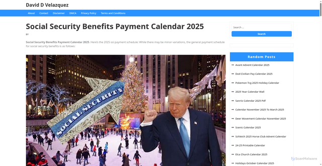 Security scan screenshot of https://daviddvelazquezp.pages.dev/hwdtd-social-security-benefits-payment-calendar-2025-mbmva/