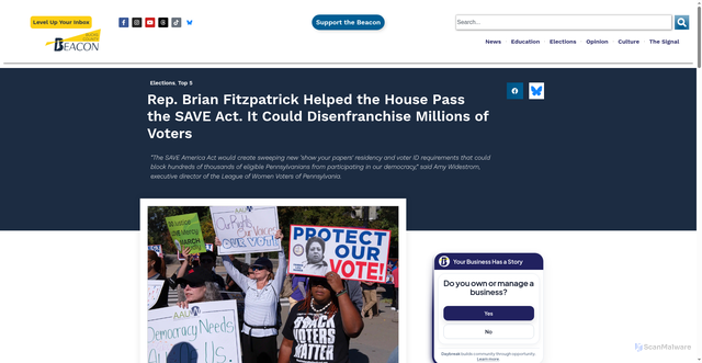 Security scan screenshot of https://buckscountybeacon.com/2026/02/rep-brian-fitzpatrick-helped-the-house-pass-the-save-act-it-could-disenfranchise-millions-of-voters/