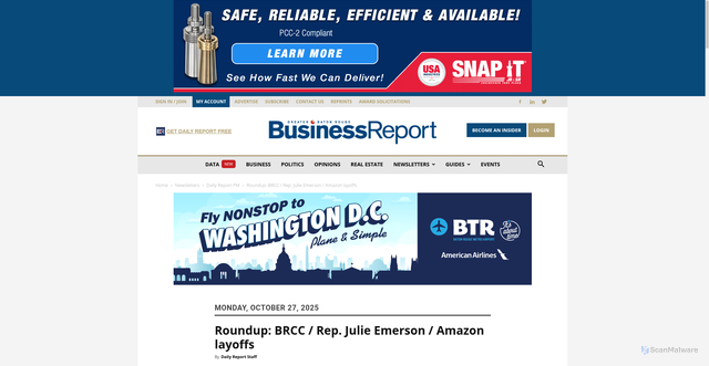 Security scan screenshot of https://www.businessreport.com/article/roundup-brcc-rep-julie-emerson-amazon-layoffs
